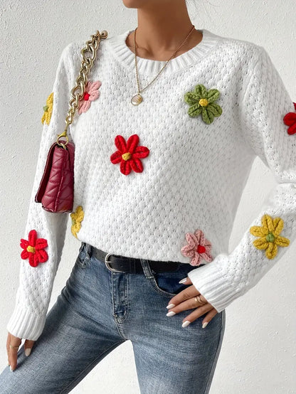 Jersey de Punto con Bordado de Flores en Relieve para Mujer | Ideal para Primavera y Otoño