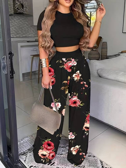 Conjunto De Dos Piezas Con Top Y Pantalón Floral Para Mujer | Ideal Para Verano