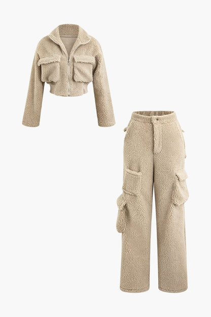 Conjunto de Dos Piezas con Chaqueta Corta y Pantalón Cargo para Mujer | Ideal para Uso Diario y Clima Frío