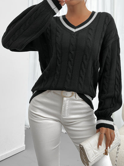 Jersey De Manga Larga Con Motivo Trenzado Y Cuello En V Para Mujer | Ideal Para Otoño E Invierno