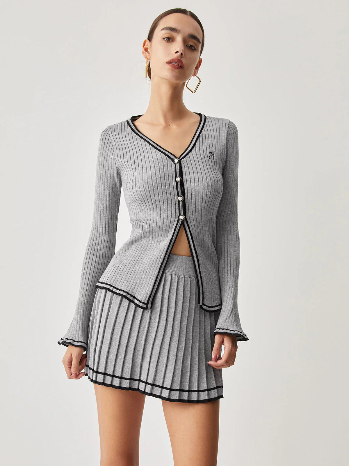 Conjunto De Cárdigan y Falda Plisada Con Rayas para Mujer | Ideal para Uso Diario