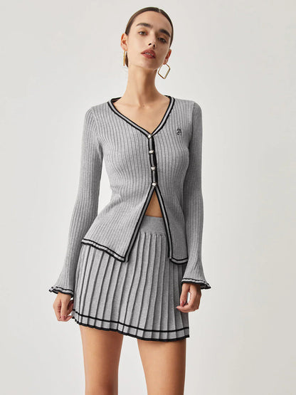 Conjunto De Cárdigan y Falda Plisada Con Rayas para Mujer | Ideal para Uso Diario