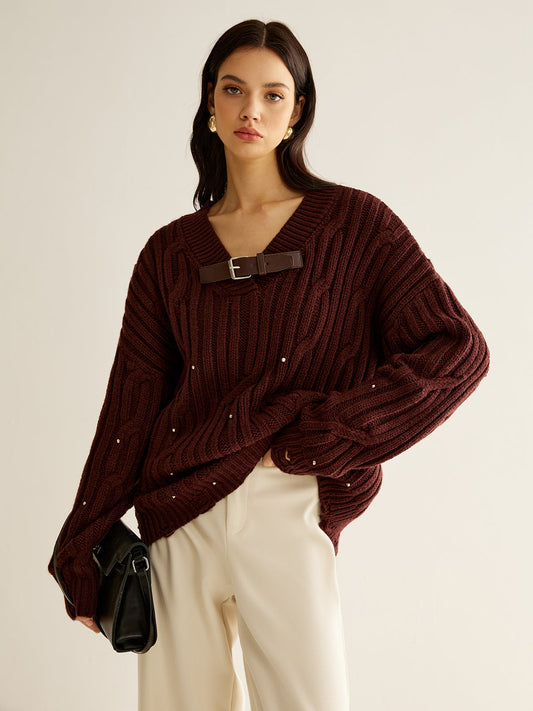 Jersey Con Detalle de Perlas y Cuello en V Para Mujer | Ideal Para Otoño e Invierno