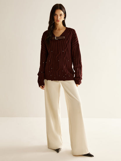 Jersey Con Detalle de Perlas y Cuello en V Para Mujer | Ideal Para Otoño e Invierno