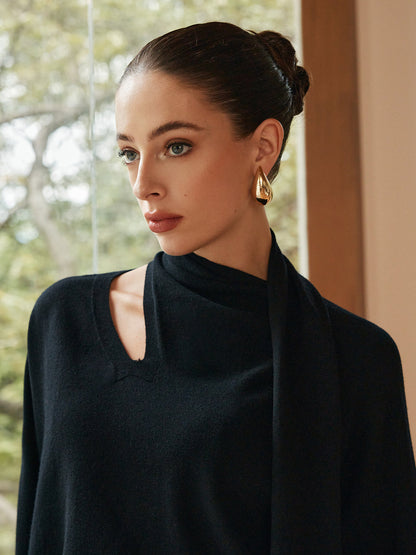 Jersey Negro con Cuello Asimétrico y Bufanda Integrada para Mujer | Ideal para Uso Diario