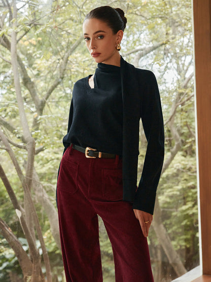 Jersey Negro con Cuello Asimétrico y Bufanda Integrada para Mujer | Ideal para Uso Diario