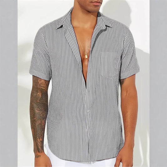 Camisa de Manga Corta con Cierre Abotonado y Rayas Verticales para Hombre | Ideal para Uso Diario y Verano
