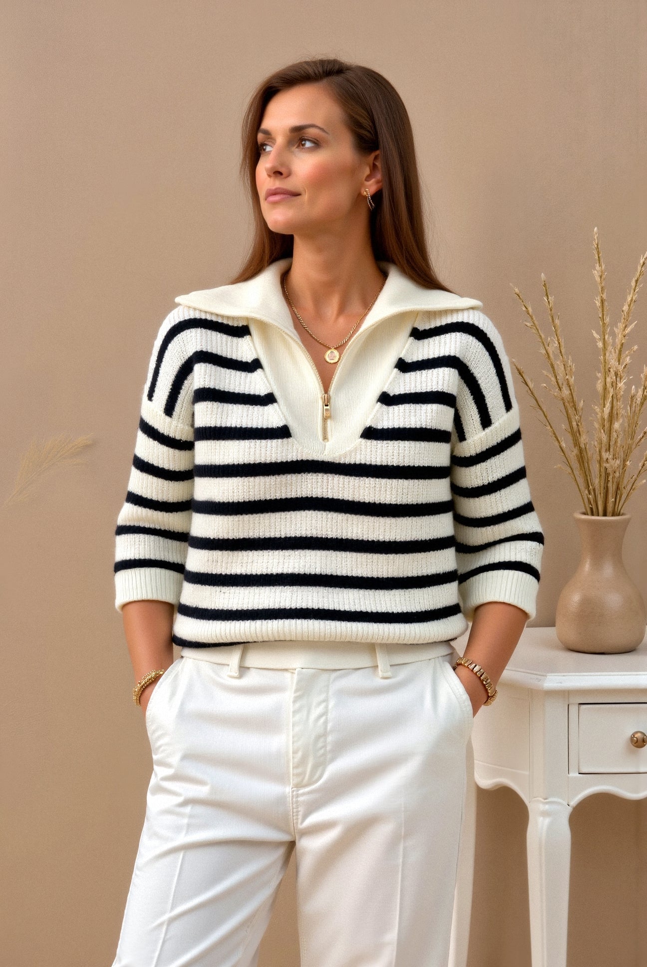 Jersey con Cremallera en el Cuello y Estampado de Rayas para Mujer | Ideal para Uso Diario en Días Frescos