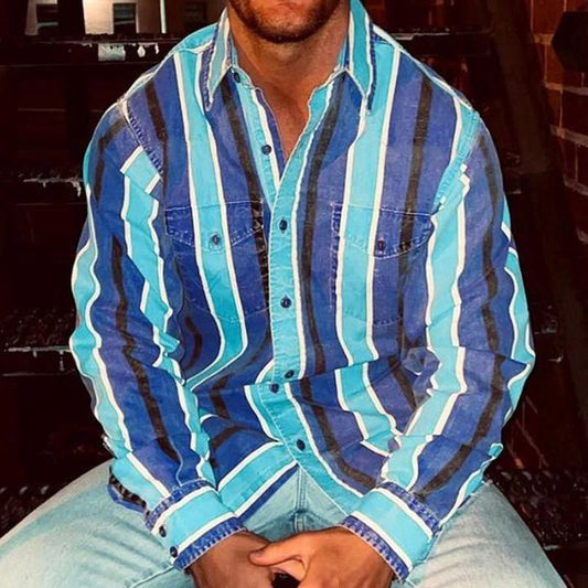 Camisa de Manga Larga con Motivo de Rayas y Corte Amplio para Hombre | Ideal para Uso Diario e Informal