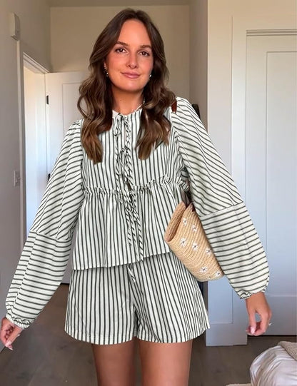 Conjunto Con Top De Manga Larga con Volumen y Short De Talle Alto para Mujer | Ideal para Temporada Cálida