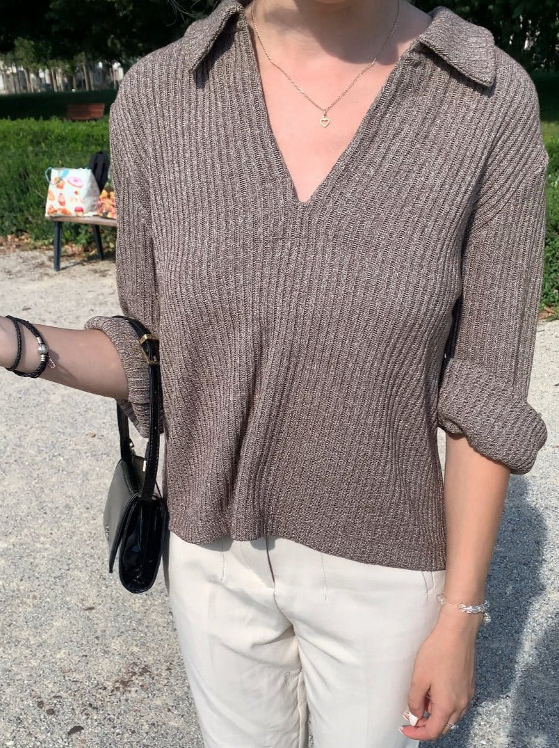 Jersey De Punto Canalé Con Cuello Y Escote En V Para Mujer | Ideal Para Uso Diario