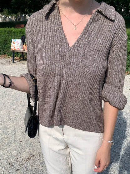 Jersey De Punto Canalé Con Cuello Y Escote En V Para Mujer | Ideal Para Uso Diario