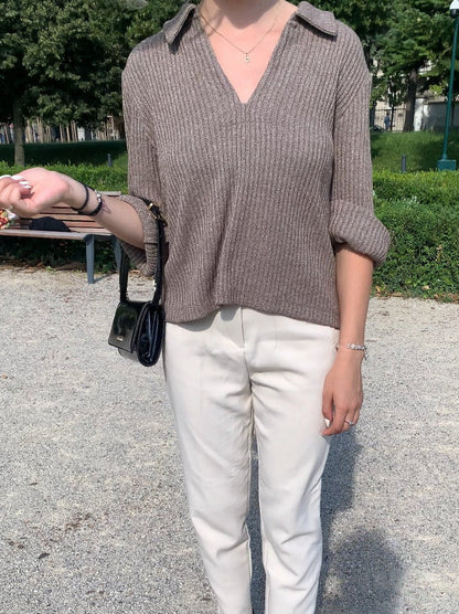 Jersey De Punto Canalé Con Cuello Y Escote En V Para Mujer | Ideal Para Uso Diario