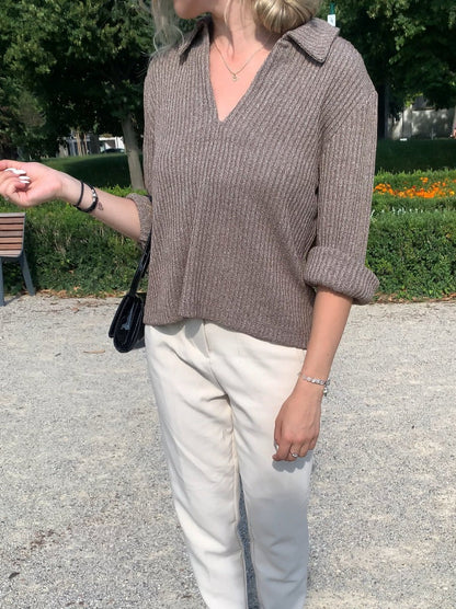 Jersey De Punto Canalé Con Cuello Y Escote En V Para Mujer | Ideal Para Uso Diario