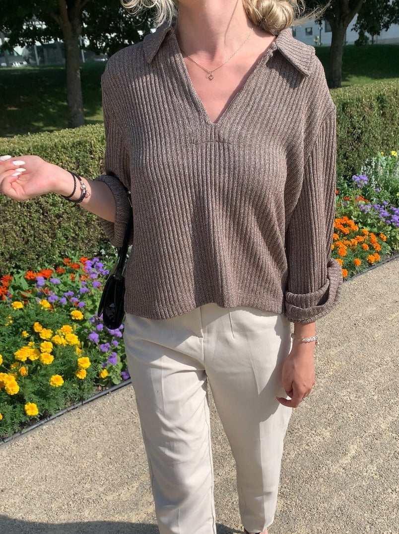 Jersey De Punto Canalé Con Cuello Y Escote En V Para Mujer | Ideal Para Uso Diario