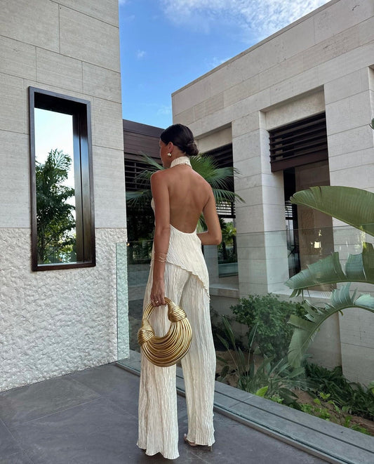 Conjunto De Top Halter con Espalda Abierta y Pantalón De Corte Amplio para Mujer | Ideal para Eventos y Ocasiones Especiales