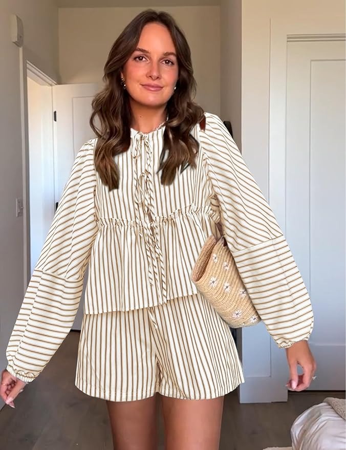 Conjunto Con Top De Manga Larga con Volumen y Short De Talle Alto para Mujer | Ideal para Temporada Cálida