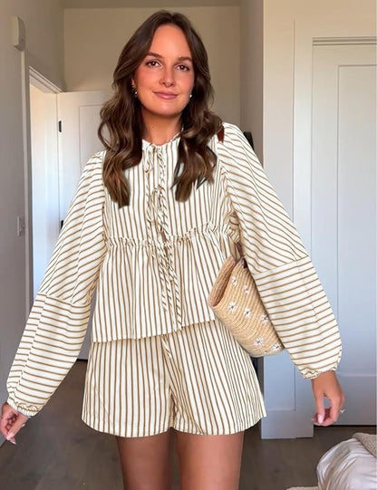 Conjunto Con Top De Manga Larga con Volumen y Short De Talle Alto para Mujer | Ideal para Temporada Cálida