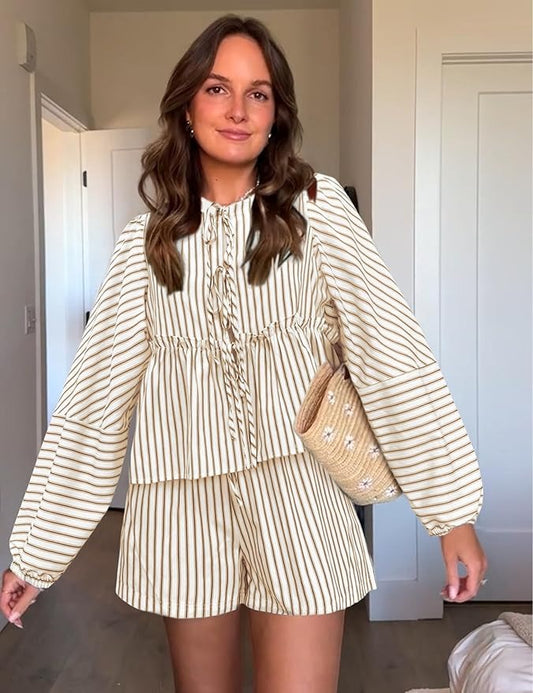 Conjunto Con Top De Manga Larga con Volumen y Short De Talle Alto para Mujer | Ideal para Temporada Cálida