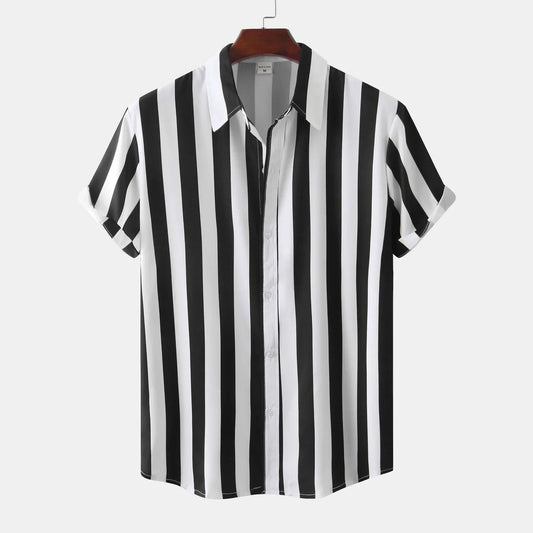 Camisa de Rayas Verticales en Blanco y Negro con Cuello Clásico para Hombre | Ideal para Uso Diario e Informal