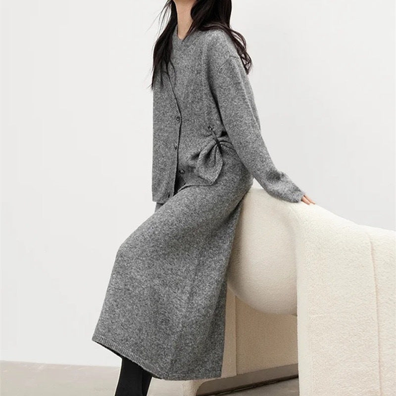 Conjunto De Vestido Y Cárdigan Con Botones Para Mujer | Ideal Para Uso Diario Y Ocasiones Informales