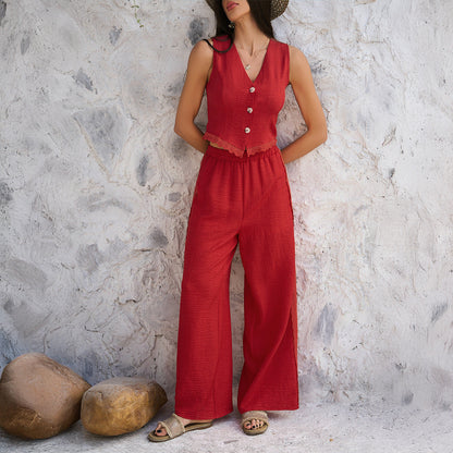 Conjunto De Dos Piezas Con Gilet Sin Mangas Y Pantalón De Pierna Ancha Para Mujer | Ideal Para Uso Diario