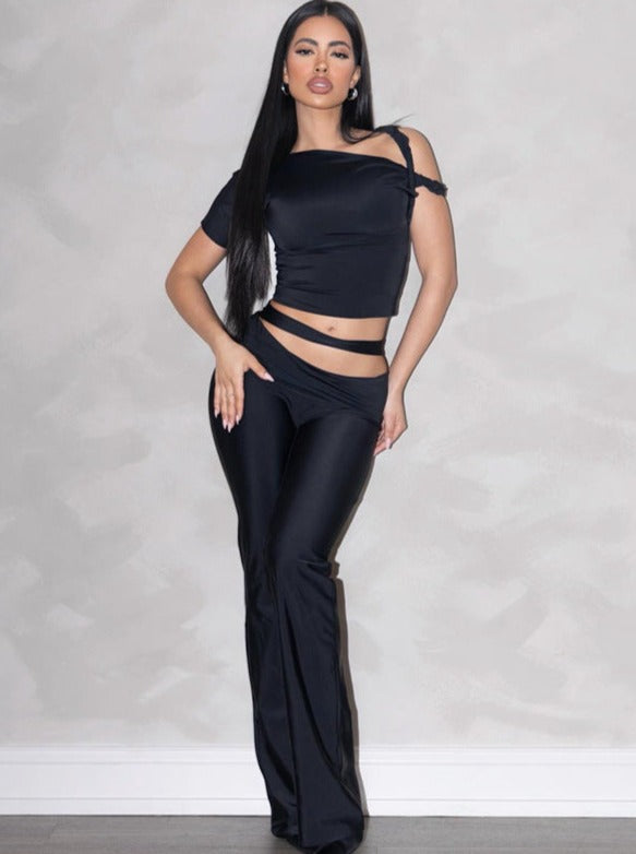 Conjunto De Dos Piezas Asimétrico Con Top Cut-Out Y Pantalón De Cintura Alta Para Mujer | Ideal Para Salidas Nocturnas