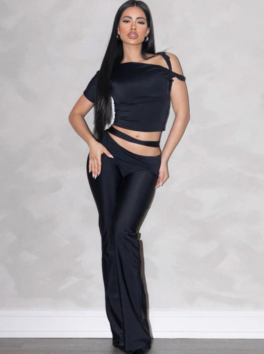 Conjunto De Dos Piezas Asimétrico Con Top Cut-Out Y Pantalón De Cintura Alta Para Mujer | Ideal Para Salidas Nocturnas