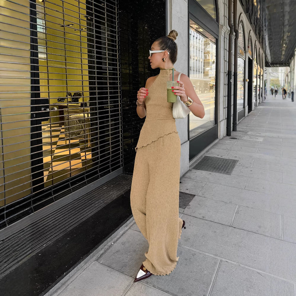 Conjunto De Dos Piezas Plisado Con Top Halter Y Pantalón De Pierna Ancha Para Mujer | Ideal Para Verano Y Eventos Al Aire Libre