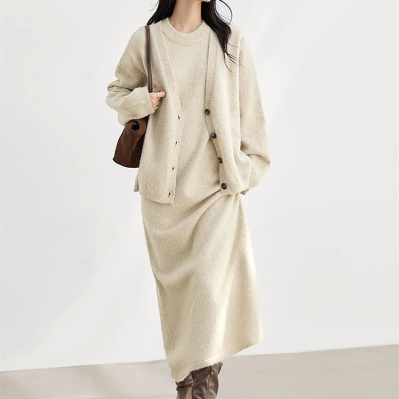Conjunto De Vestido Y Cárdigan Con Botones Para Mujer | Ideal Para Uso Diario Y Ocasiones Informales