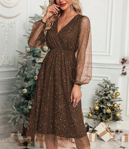 Vestido Midi con Cuello en V y Mangas Abullonadas Transparentes para Mujer | Ideal para Eventos y Recepciones