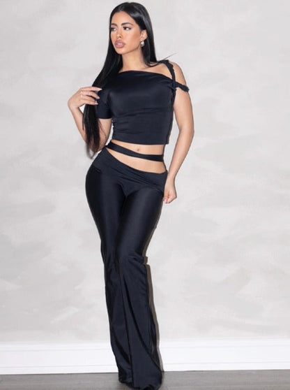Conjunto De Dos Piezas Asimétrico Con Top Cut-Out Y Pantalón De Cintura Alta Para Mujer | Ideal Para Salidas Nocturnas