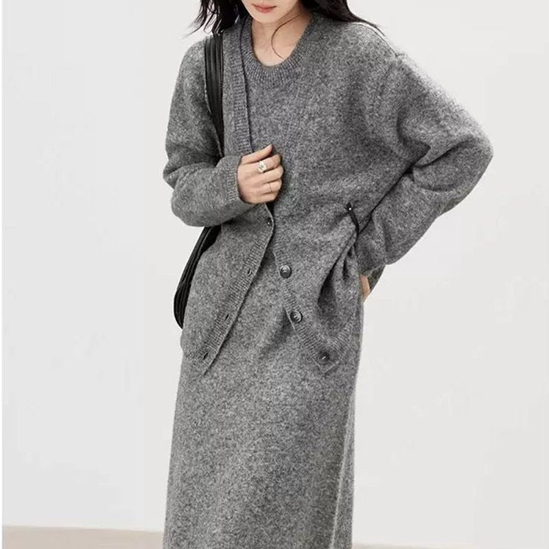 Conjunto De Vestido Y Cárdigan Con Botones Para Mujer | Ideal Para Uso Diario Y Ocasiones Informales