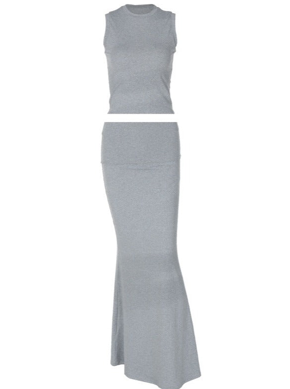 Conjunto De Dos Piezas con Top De Cuello Alto Sin Mangas y Falda Larga para Mujer | Ideal para Uso Diario