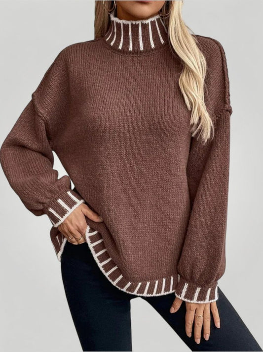 Jersey con Cuello Alto Rayado y Puños Contrastados para Mujer | Ideal para Uso Diario