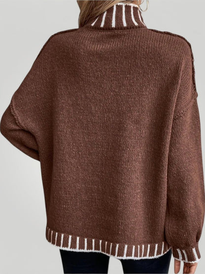 Jersey con Cuello Alto Rayado y Puños Contrastados para Mujer | Ideal para Uso Diario