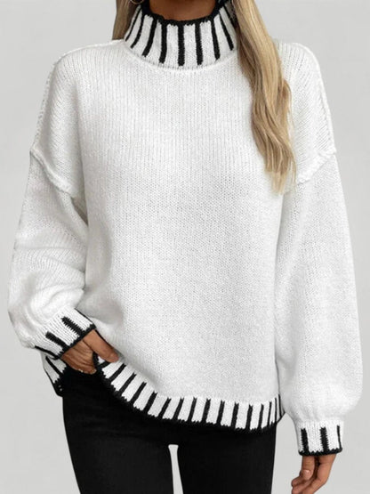 Jersey con Cuello Alto Rayado y Puños Contrastados para Mujer | Ideal para Uso Diario