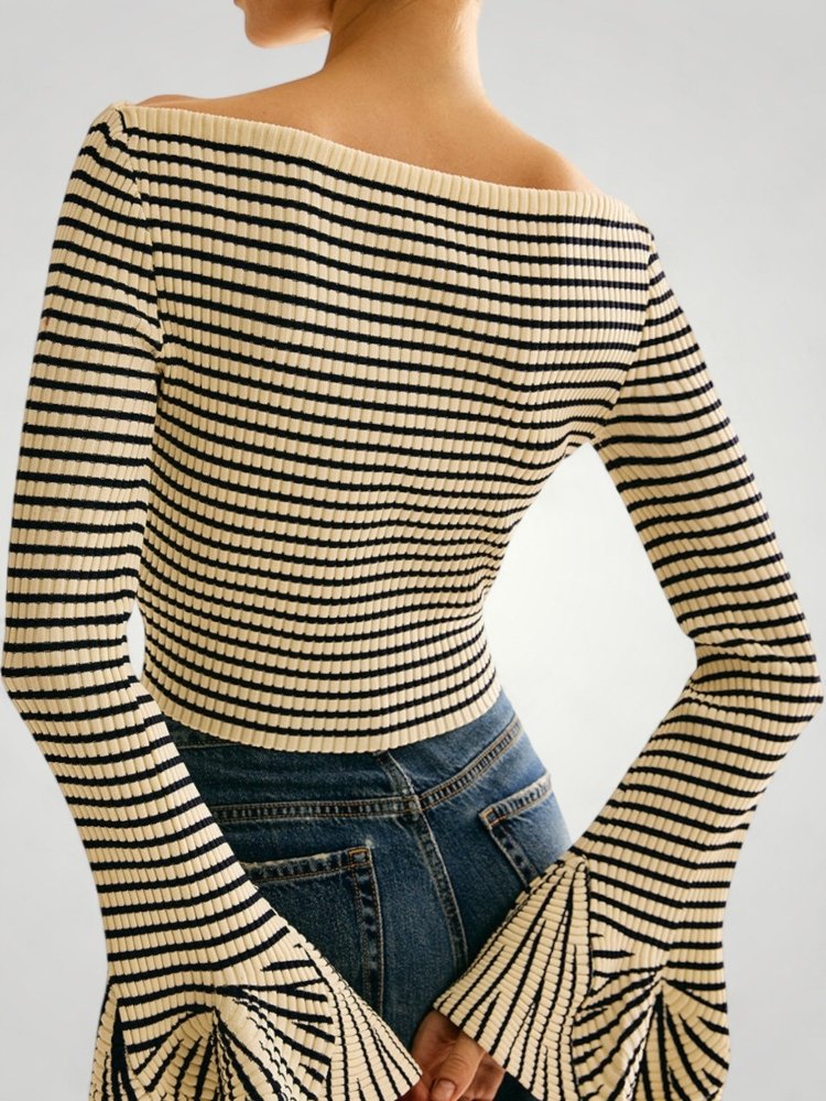 Jersey de Punto con Hombros Descubiertos y Volantes para Mujer | Ideal para Uso Diario