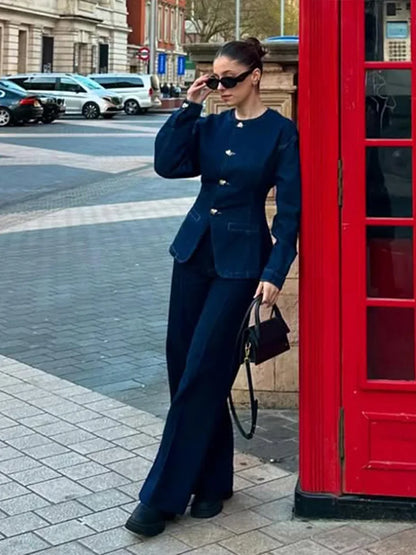 Conjunto De Chaqueta Entallada y Pantalón De Pierna Ancha De Cintura Alta para Mujer | Ideal para Uso Diario y Salidas