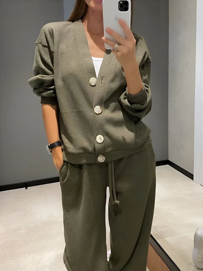 Conjunto De Dos Piezas con Cárdigan Abotonado y Pantalón para Mujer | Ideal para Uso Diario O Salidas Informales