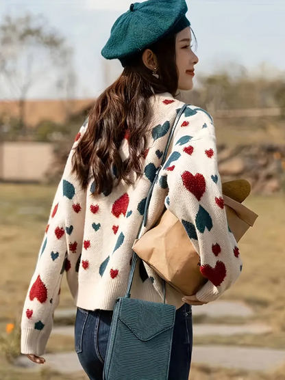 Pulóver con Estampado de Corazones y Mangas Largas para Mujer | Ideal para Uso Diario