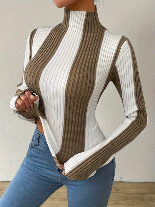 Jersey De Punto Con Cuello Alto A Rayas Para Mujer | Ideal Para Uso Diario