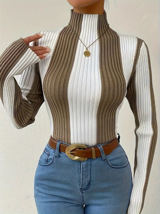 Jersey De Punto Con Cuello Alto A Rayas Para Mujer | Ideal Para Uso Diario