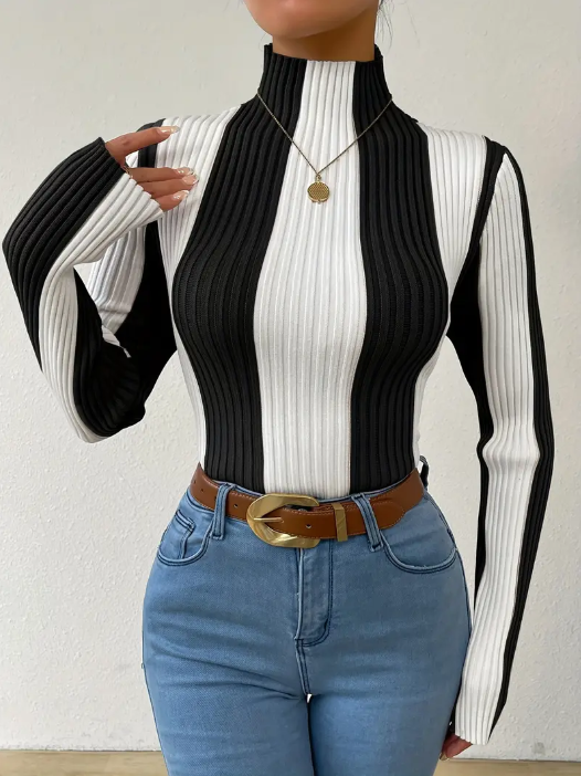 Jersey De Punto Con Cuello Alto A Rayas Para Mujer | Ideal Para Uso Diario