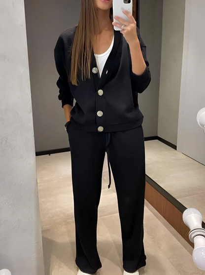 Conjunto De Dos Piezas con Cárdigan Abotonado y Pantalón para Mujer | Ideal para Uso Diario O Salidas Informales