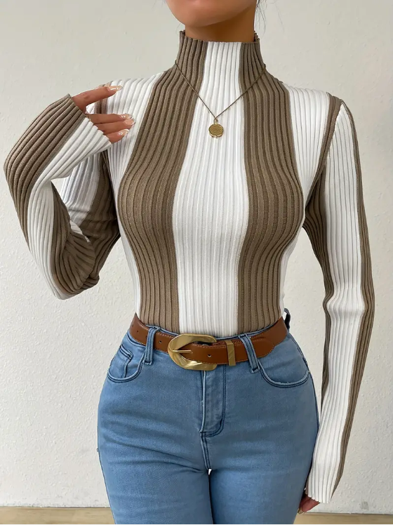 Jersey De Punto Con Cuello Alto A Rayas Para Mujer | Ideal Para Uso Diario