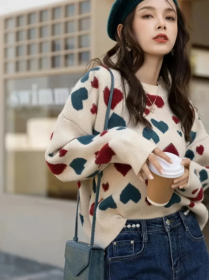 Pulóver con Estampado de Corazones y Mangas Largas para Mujer | Ideal para Uso Diario