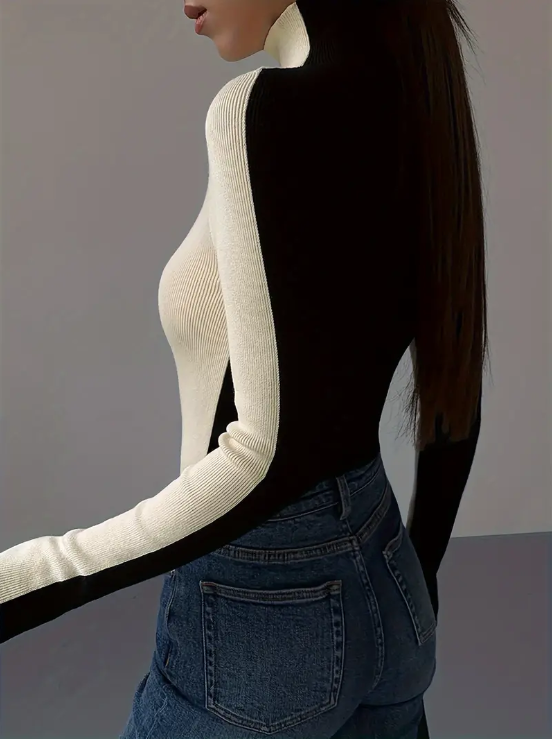 Jersey de Punto con Cuello Alto y Diseño a Bloques de Color para Mujer | Ideal para Uso Diario en Temporada Fría