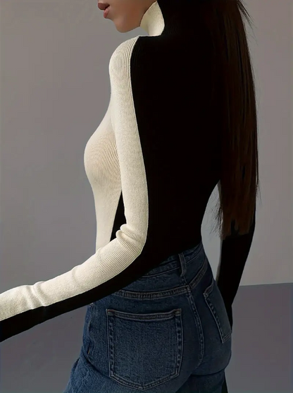 Jersey de Punto con Cuello Alto y Diseño a Bloques de Color para Mujer | Ideal para Uso Diario en Temporada Fría