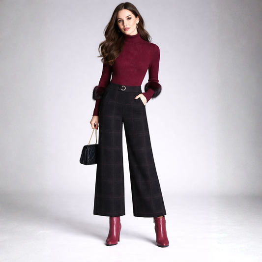 Pantalón De Cintura Alta Con Piernas Anchas Y Estampado A Cuadros Para Mujer | Ideal Para Uso Diario